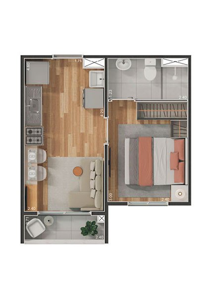 1 Dormitórios com terraço - 25,74m²