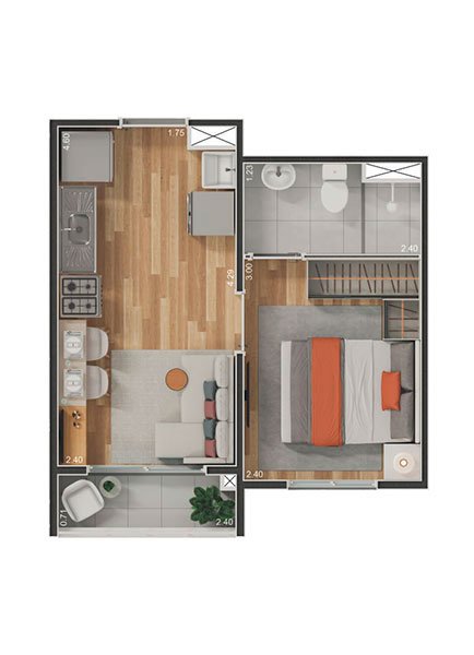 1 Dormitórios com terraço - 25,84m²