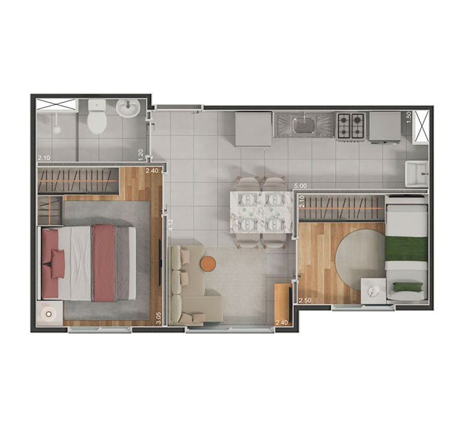 2 Dormitórios - 32,86m²