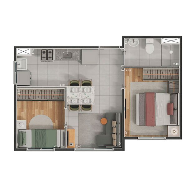 2 Dormitórios - 33,48m²