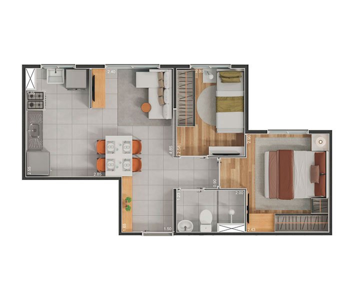2 Dormitórios - 37,11m²
