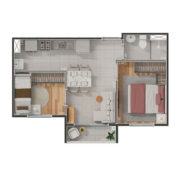 2 Dormitórios com terraço - 35,14m²
