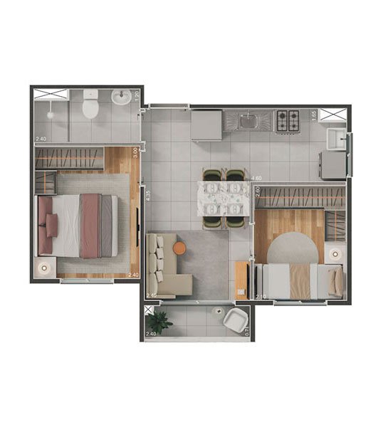 2 Dormitórios com terraço - 35,76m²