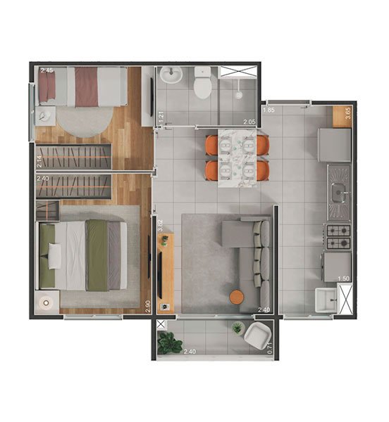 2 Dormitórios com terraço - 36,34m²
