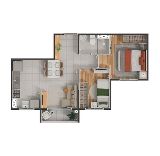 2 Dormitórios com terraço - 39,39m²