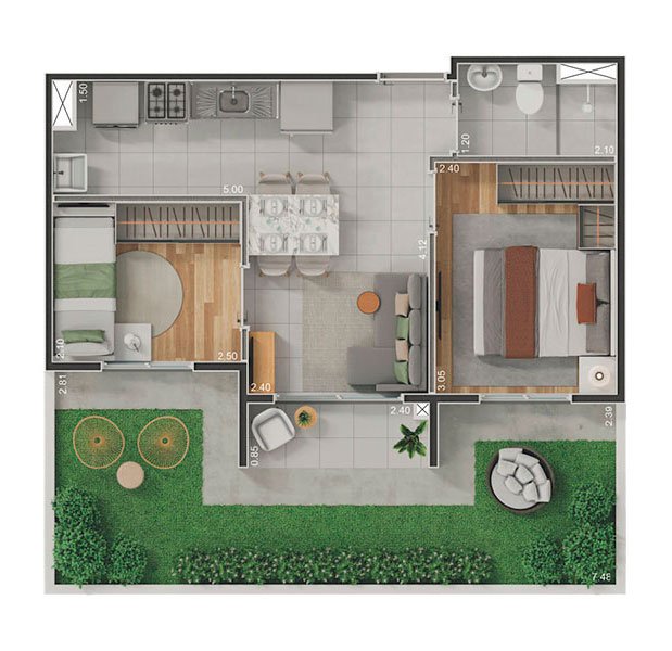2 Dormitórios com garden - 54,18m²